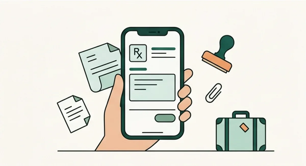 Une main tient un téléphone où s’affiche une ordonnance