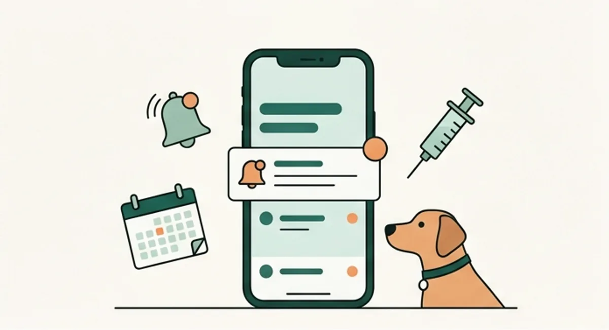 Un téléphone affiche un rappel de vaccin ; un chien regarde l’écran