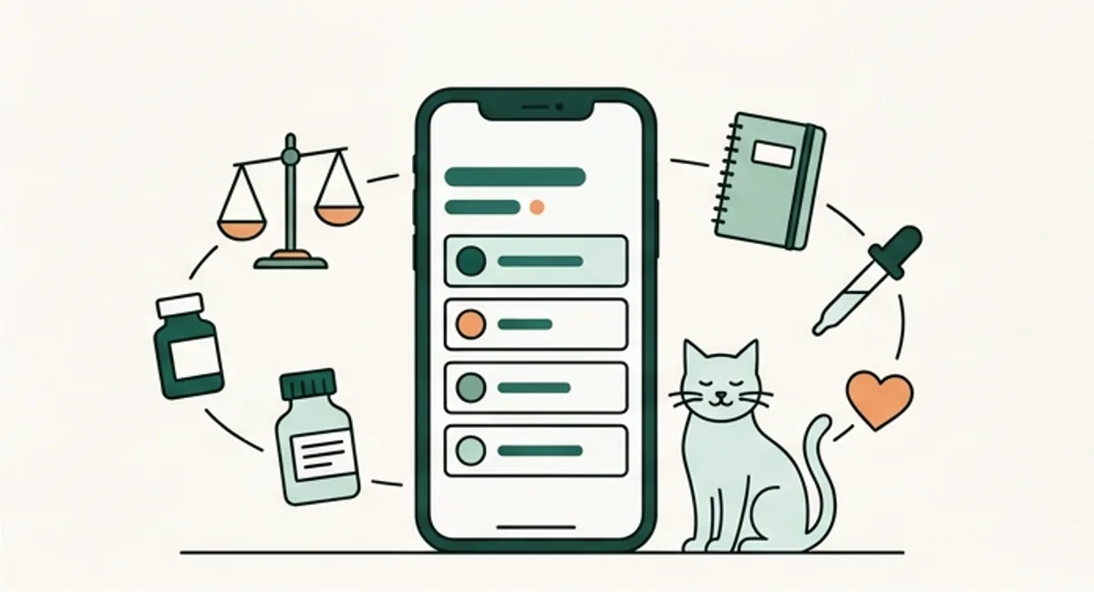 Un téléphone affiche les rubriques du carnet ; un chat assis à côté